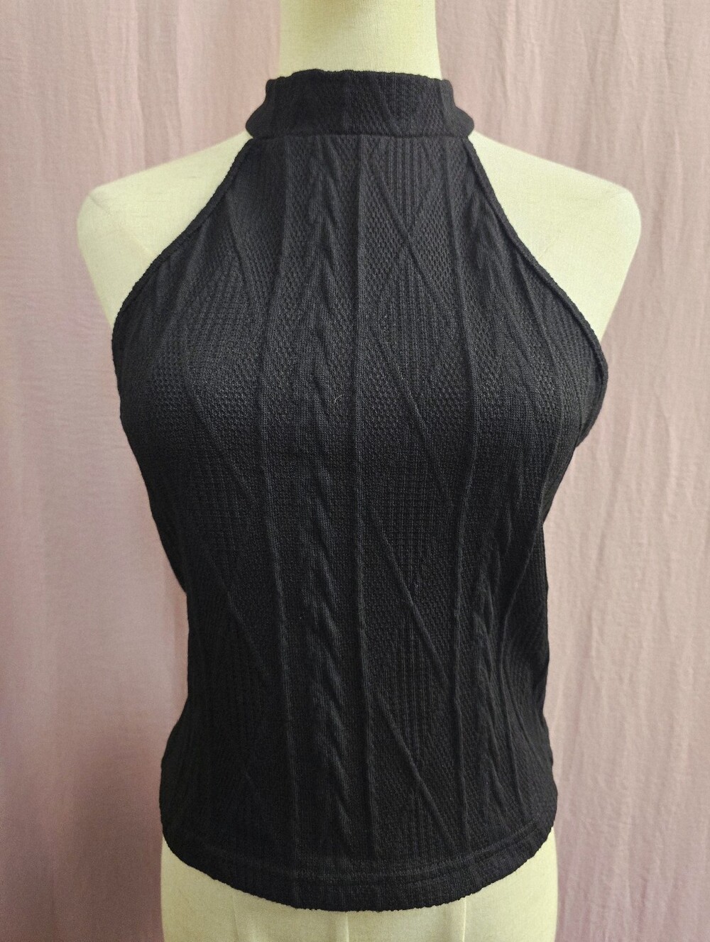 Shein Textured Cable-Knit Pattern High Mock Collar Top- Black, Large